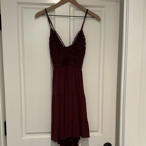 Women's Burgundy Crochet Bodice Spaghetti Strap Sun Dress